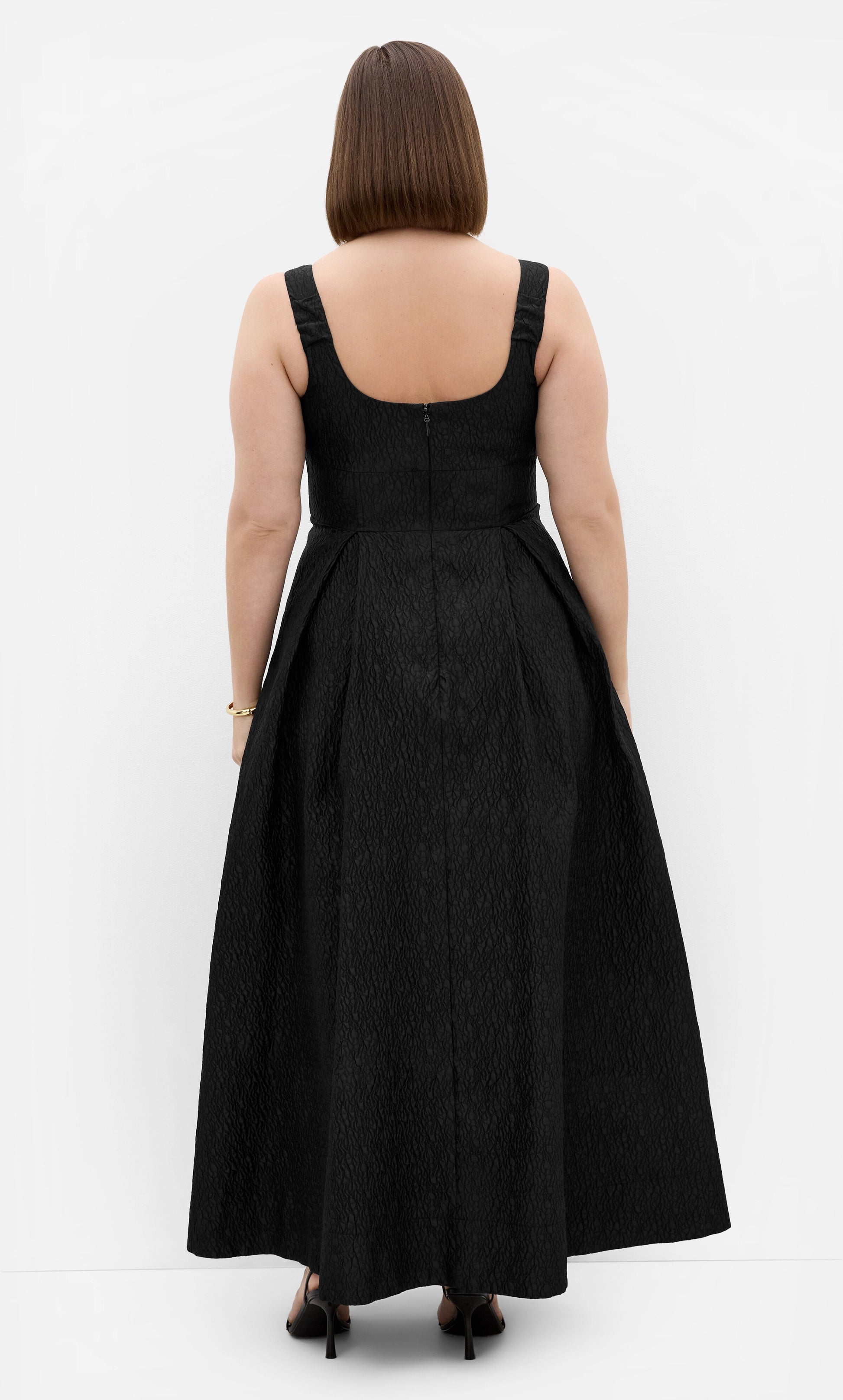RoselleDress black plus‑size jacquard a‑line formal gown u‑shape back zipper closure wide strap dress back view floor‑length church wedding guest gown