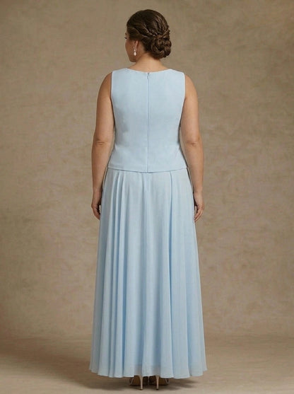 A-Line Scoop Sleeveless Lace Back Zipper Chiffon Maxi Two Piece Plus Size Mother Of Bride Dress