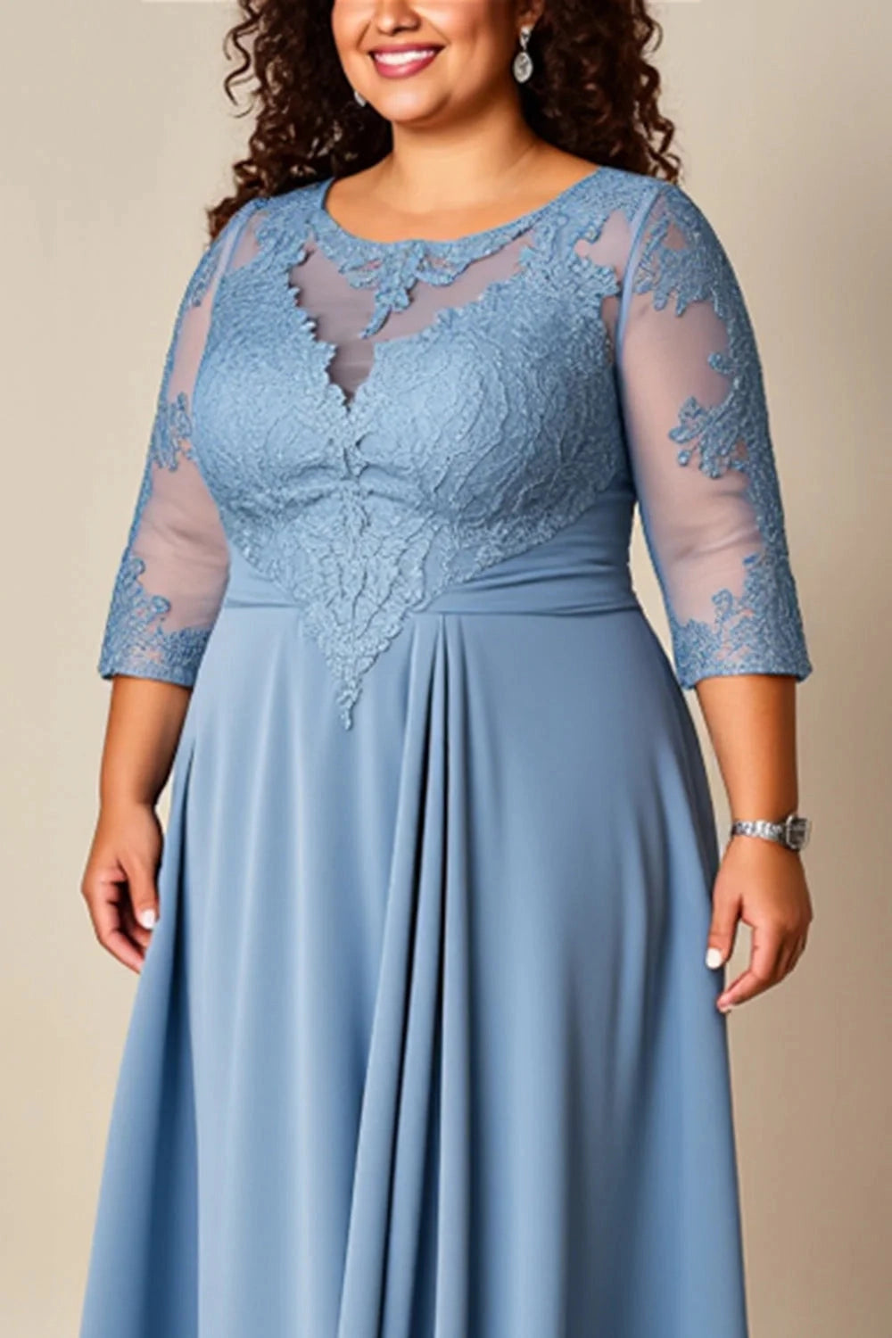 Elegant A‑Line Illusion‑Neck 3/4‑Sleeve Closed‑Back Floor‑Length Plus Size Mother Of The Bride Dress