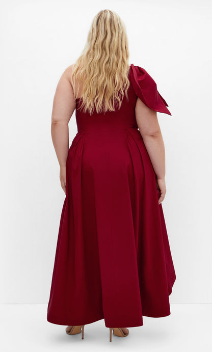 RoselleDress burgundy plus size formal wedding guest gown one‑shoulder bow back view high‑low a‑line skirt back view