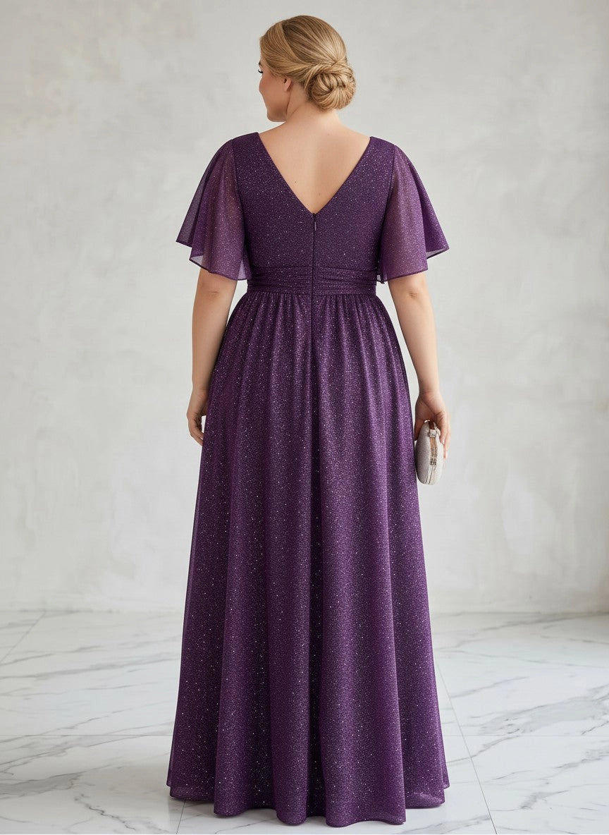 Roselledress sparkly purple chiffon formal dress back view, v-back zipper closure plus size wedding guest long gown