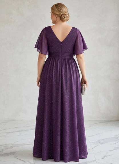 Roselledress sparkly purple chiffon formal dress back view, v-back zipper closure plus size wedding guest long gown