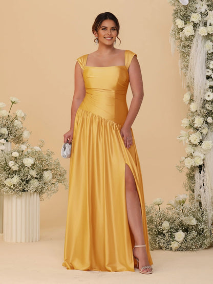 Stunning Champagne A‑Line Convertible‑Neck Ruched Zip‑Back High‑Slit Floor‑Length Bridesmaid Dress