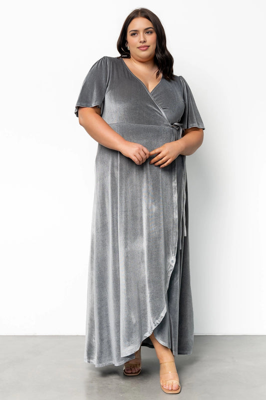 roselledress champagne taupe velvet wrap maxi mother of bride dress v‑neck flutter short sleeve formal gown