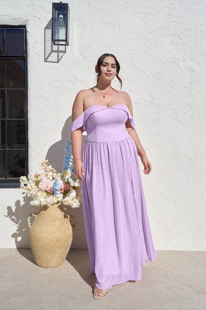 Romantic A-Line Sweetheart Off Shoulder Zipper Back Long Plus Size Bridesmaid Dress