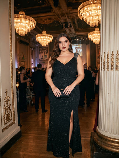 Plus Size Glitter V-Neck Beaded Strap Slit Mermaid Long Prom Dress