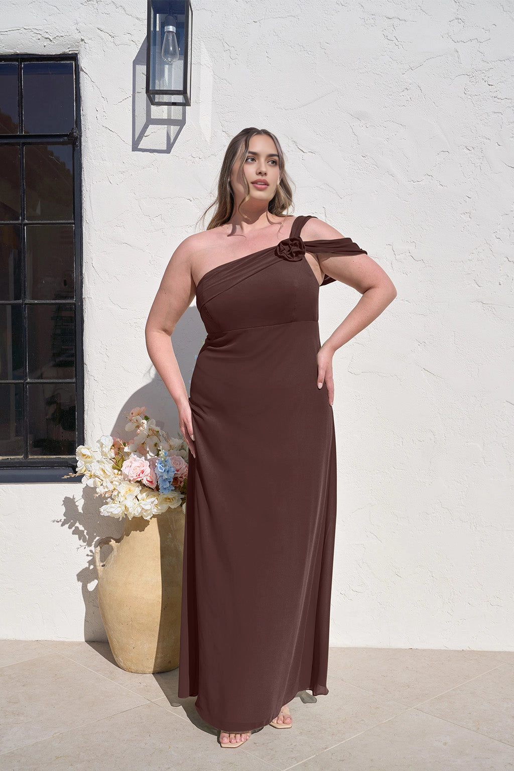 Elegant Sheath One Shoulder Floral Detail Zipper Back Plus Size Maxi Bridesmaid Dress