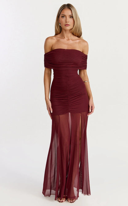 Ruched Off Shoulder Mesh High Slit Plus Size Wedding Guest Dress