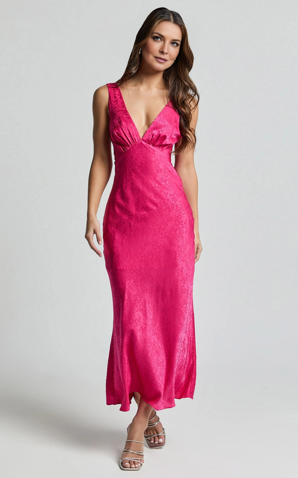 Satin Jacquard V Neck Sleeveless Cutout Back Midi Plus Size Wedding Guest Dress