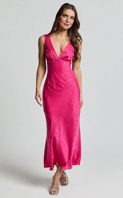 Satin Jacquard V Neck Sleeveless Cutout Back Midi Plus Size Wedding Guest Dress