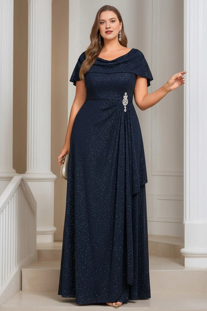 Plus Size Cowl Neck Rhinestone Brooch Draped Long Mother of Bride Dress