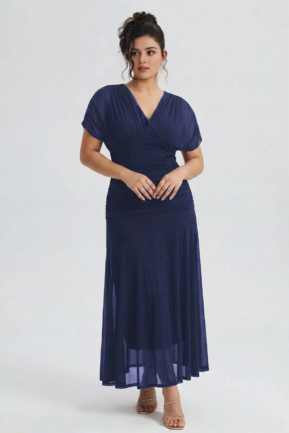 Chic Plus Size A‑Line Surplice‑V Flutter‑Sleeve Ruched‑Back Midi Mother Of Bride Dress