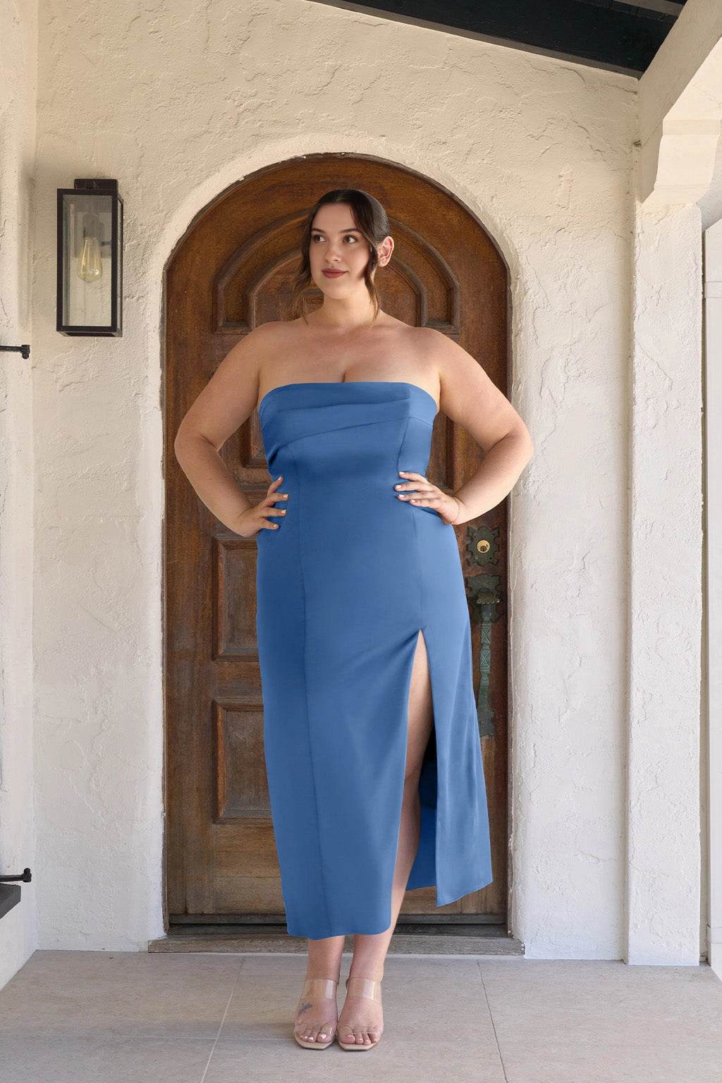 Elegant Sheath Straight Neck Strapless Zipper Back Plus Size Wedding Guest Dress