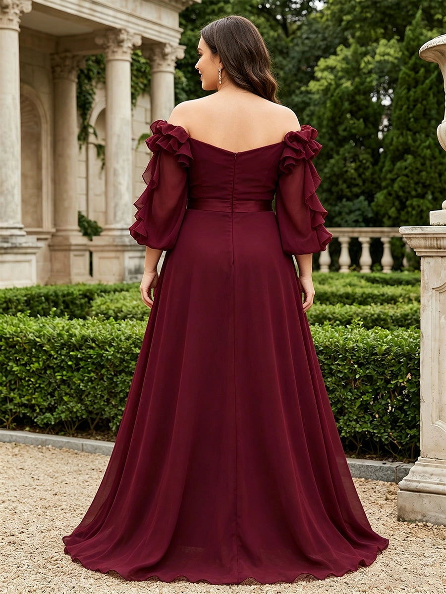 Roselledress plus size chiffon prom dress back view, off-shoulder v-back zipper burgundy floor length evening dress