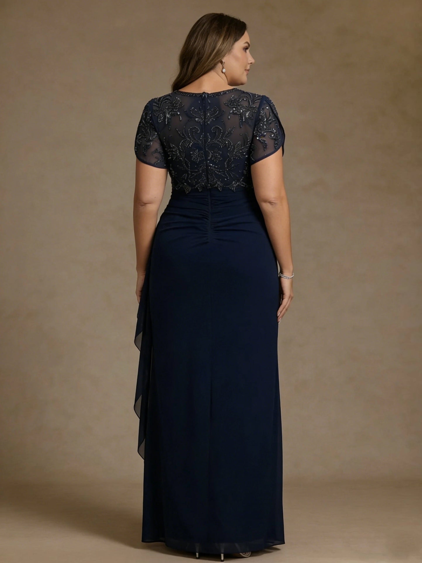 roselledress sheer beaded mesh back zipper navy chiffon plus size wedding mother formal gown