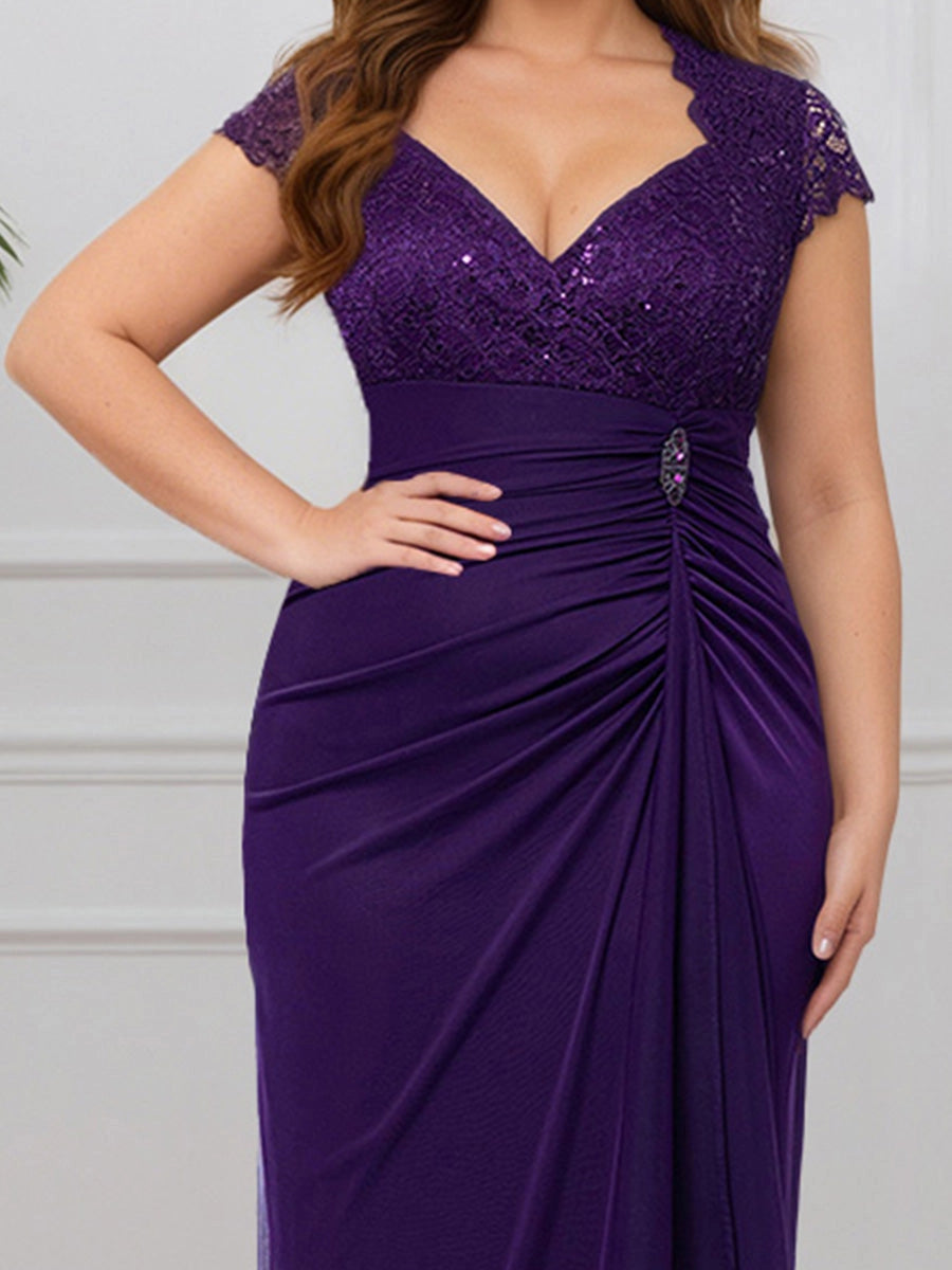 Elegant Mermaid V‑Neck Cap‑Sleeve High Back Floor‑Length Plus Size Mother Of The Bride Dress