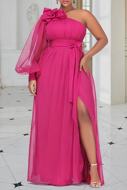Roselledress Romantic A-Line One Shoulder Long Sleeve Back Zipper Chiffon Plus Size Prom Dress