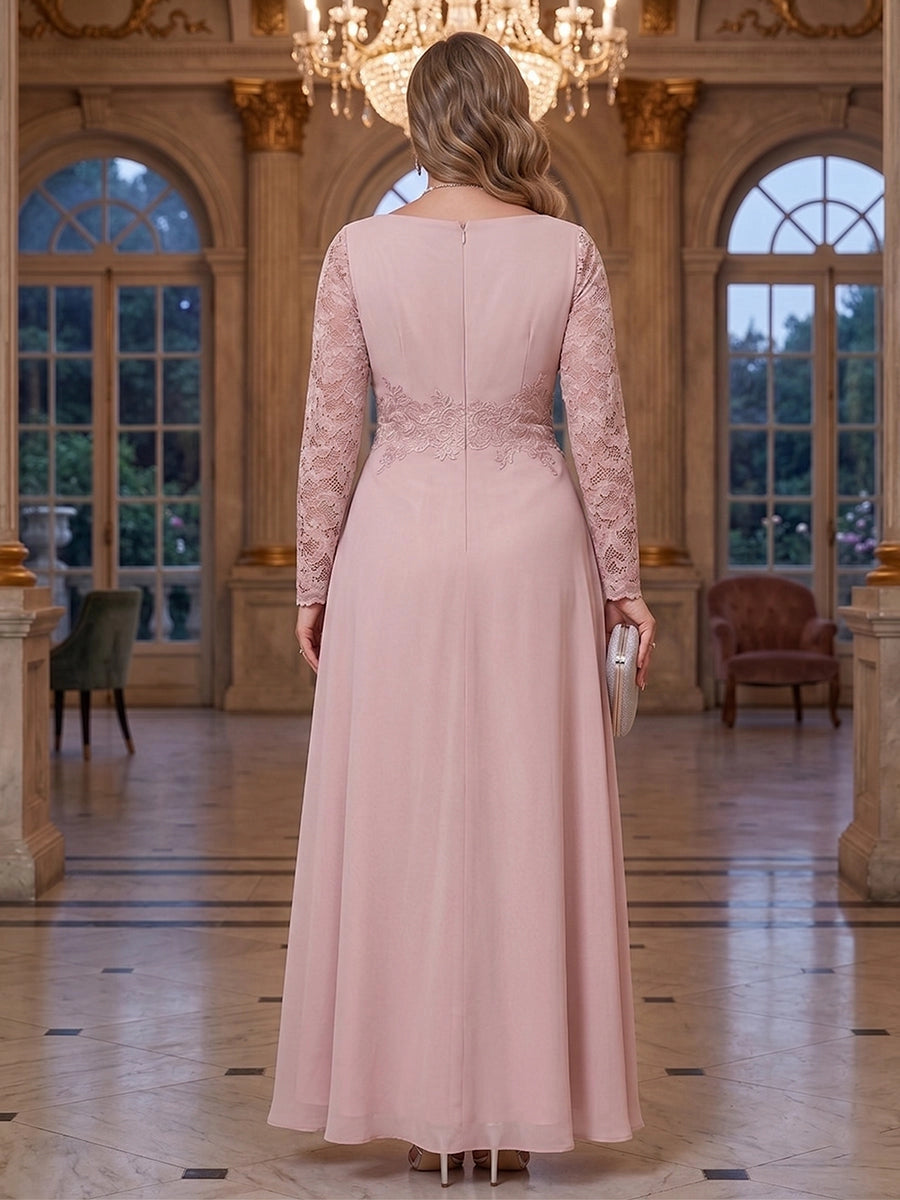 Back view RoselleDress blush pink curvy chiffon gown solid closed back long lace sleeve floor‑length wedding mother dress