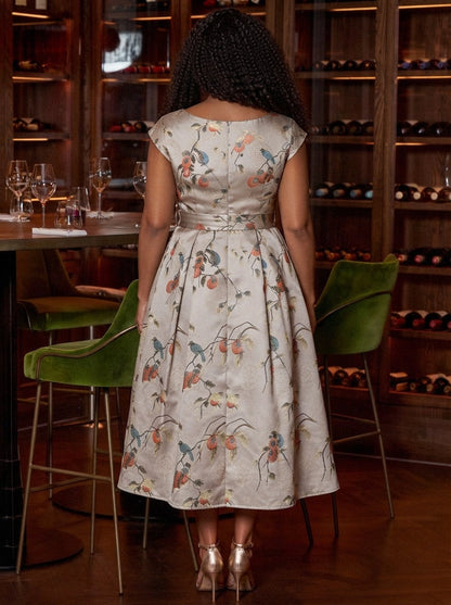 Roselledress jacquard formal dress plus size belted zipper back midi wedding guest dress back view