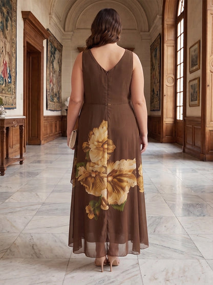 Roselledress chiffon layered dress plus size printed zipper back maxi wedding guest dress back view
