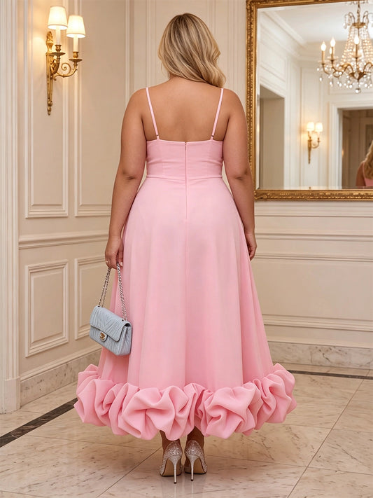 Back view roselledress open‑back adjustable spaghetti strap zip‑back bubble ruffle hem midi‑length plus size wedding guest gown