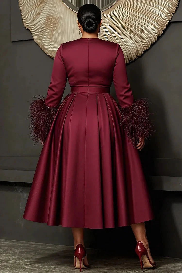 Roselledress burgundy satin plus size formal dress closed back midi length evening gown back view
