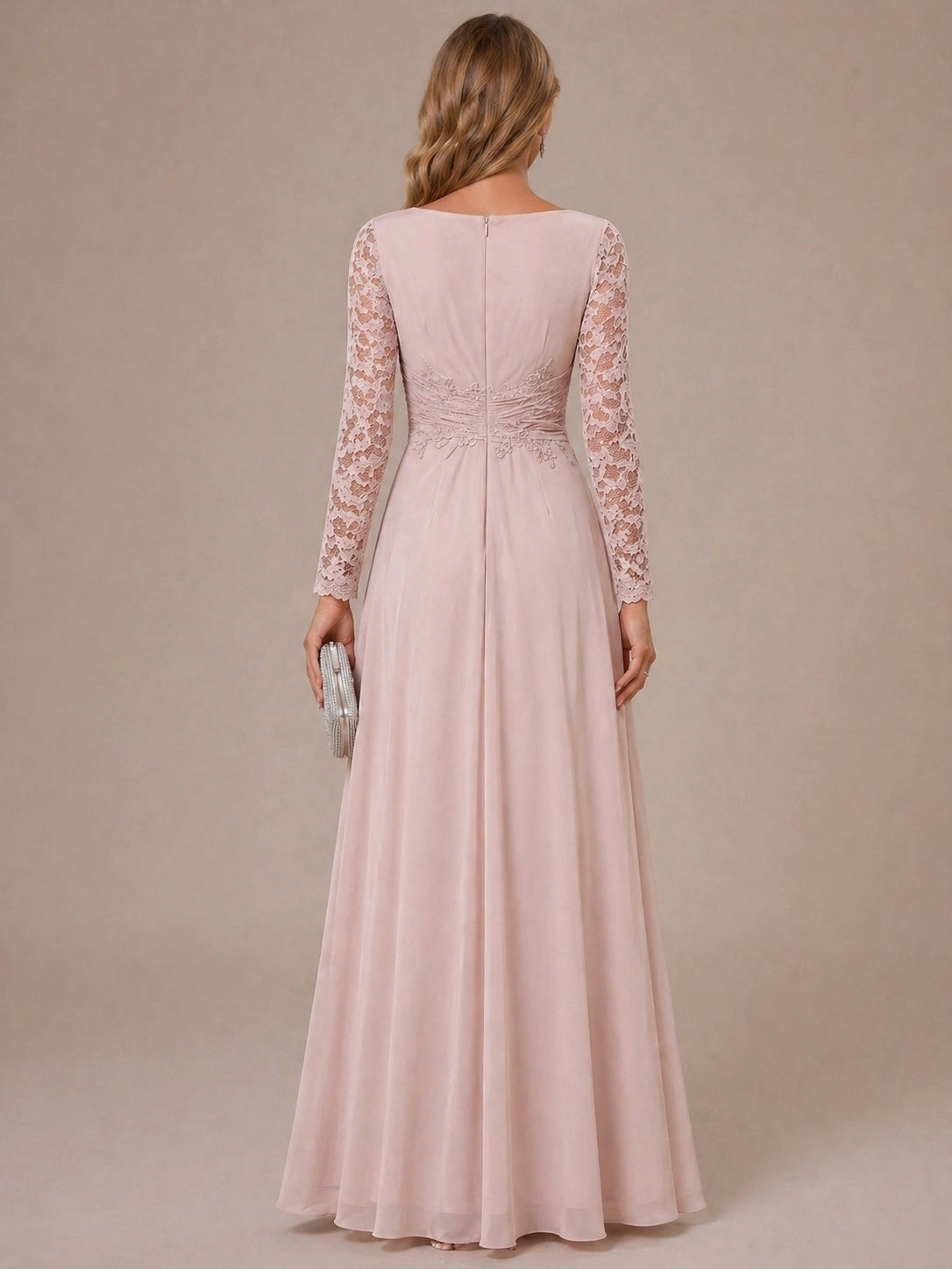roselledress blush chiffon lace embroidered zip back formal evening gown