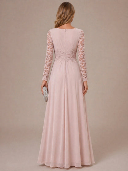 roselledress blush chiffon lace embroidered zip back formal evening gown