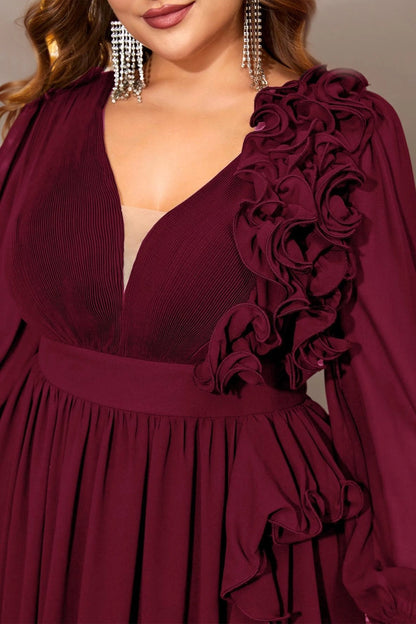 Plus Size Burgundy A Line V Neck Long Sleeve V‑Zip Back Long Prom Dress