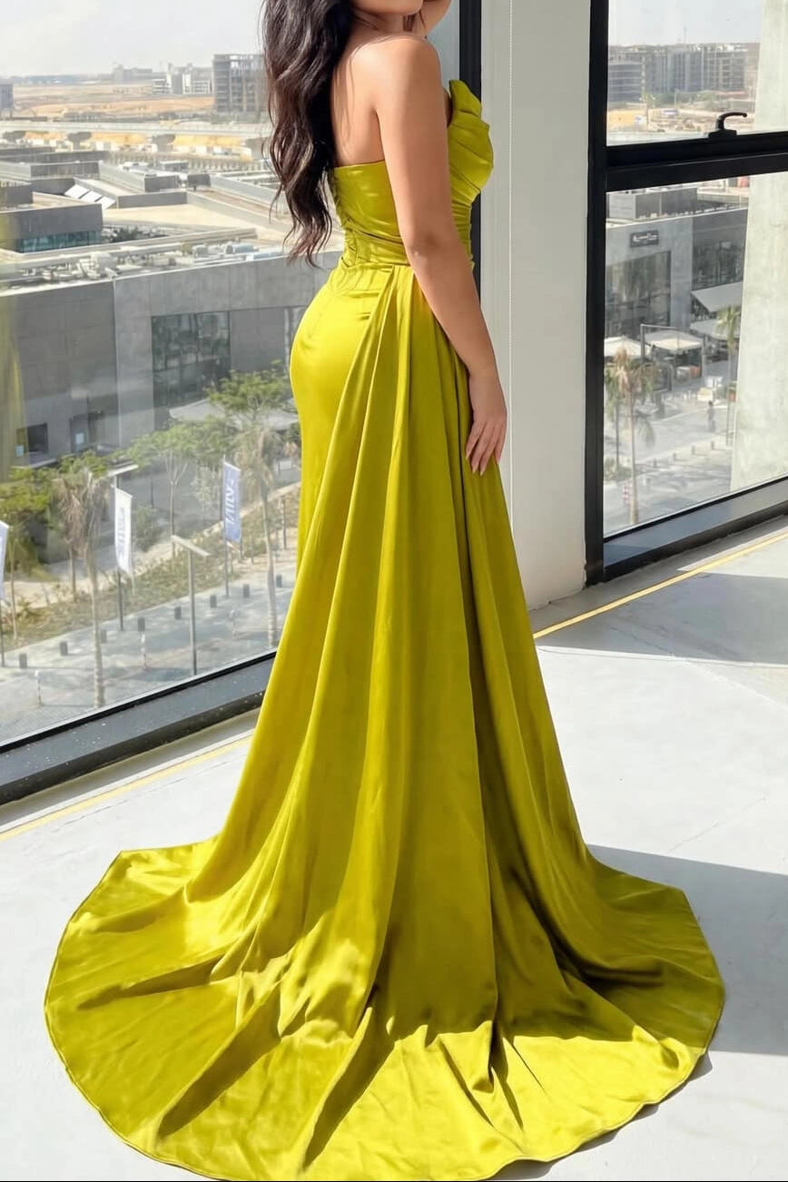 Mustard yellow satin open back ruched mermaid long evening gown back view