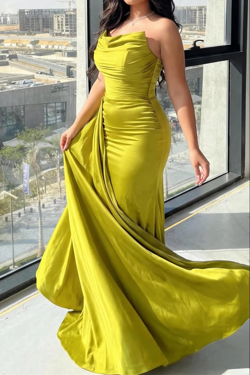 Roselledress Plus Size Satin Mermaid Strapless Cowl Open Back Long Evening Dress