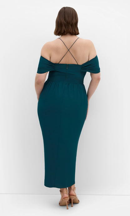 Dusty Rose Off‑The‑Shoulder Criss‑Cross Back Midi Plus Size Wedding Guest Dress