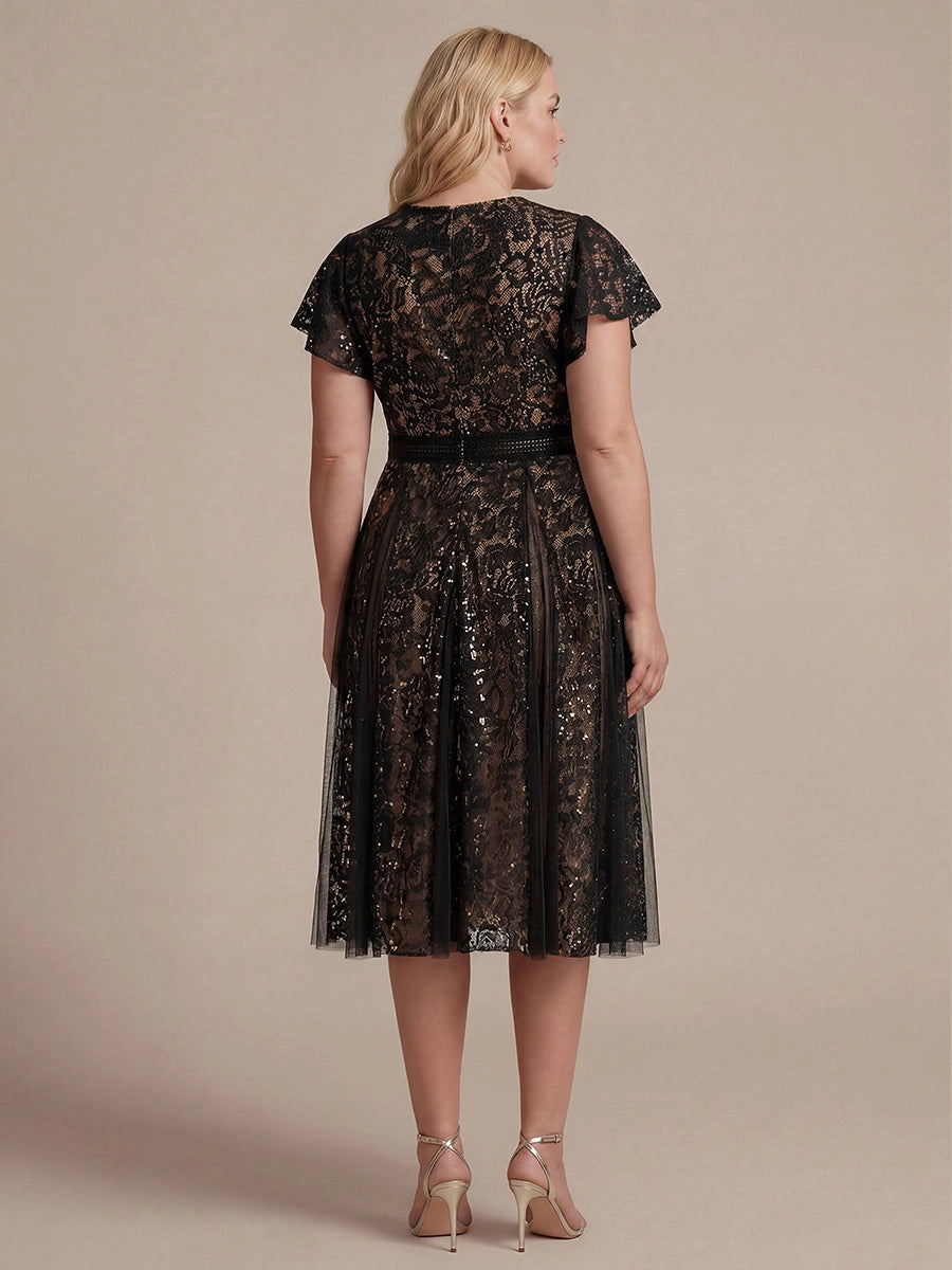 A-Line V Neck Flutter Sleeve Back Zipper Midi Length Plus Size Sequin Lace Wedding Guest Dress