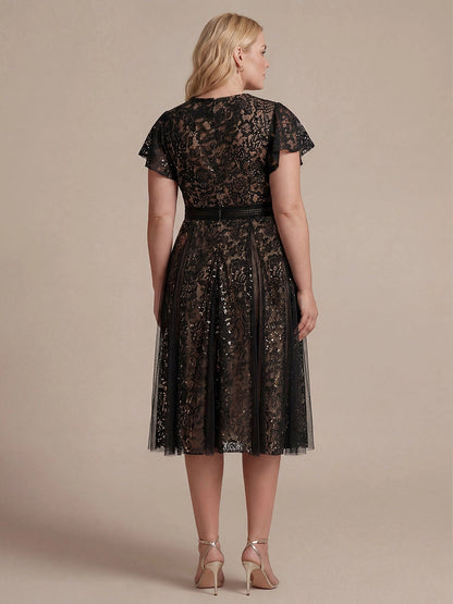 A-Line V Neck Flutter Sleeve Back Zipper Midi Length Plus Size Sequin Lace Wedding Guest Dress