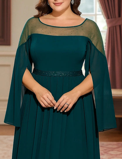 Modest A‑Line Bateau Cape‑Sleeve Mesh‑Back Floor‑Length Mother Of The Bride Dress