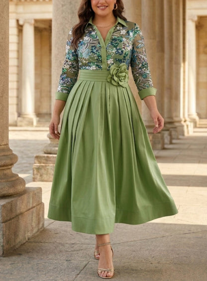 A Line Midi Collared 3/4 Sleeve Zipper Back Plus Size Mother Of The Bride Dress