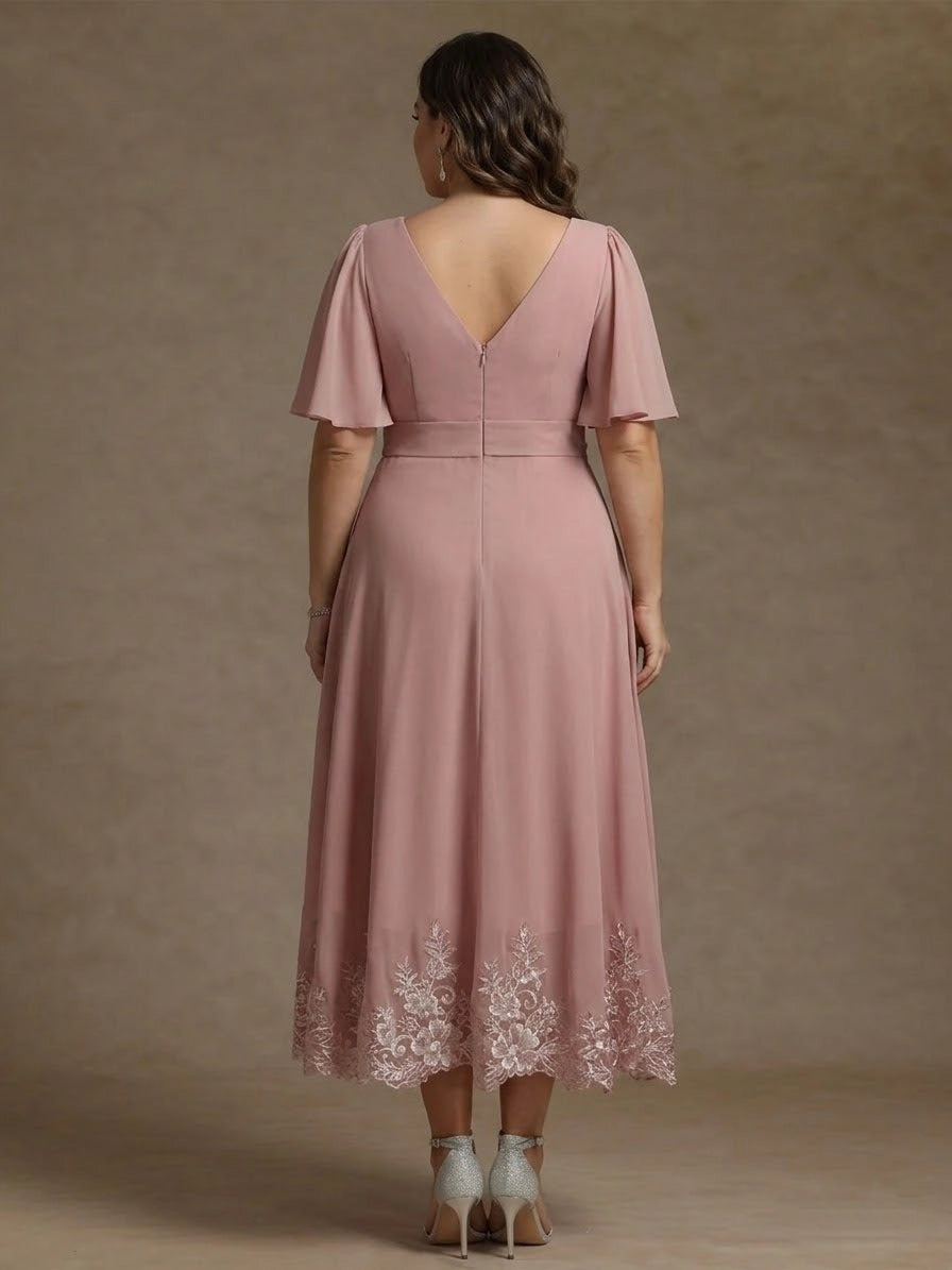 back view roselledress plus size mother of bride midi dress deep v back invisible zipper dusty pink lace hem chiffon gown