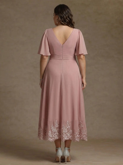 back view roselledress plus size mother of bride midi dress deep v back invisible zipper dusty pink lace hem chiffon gown