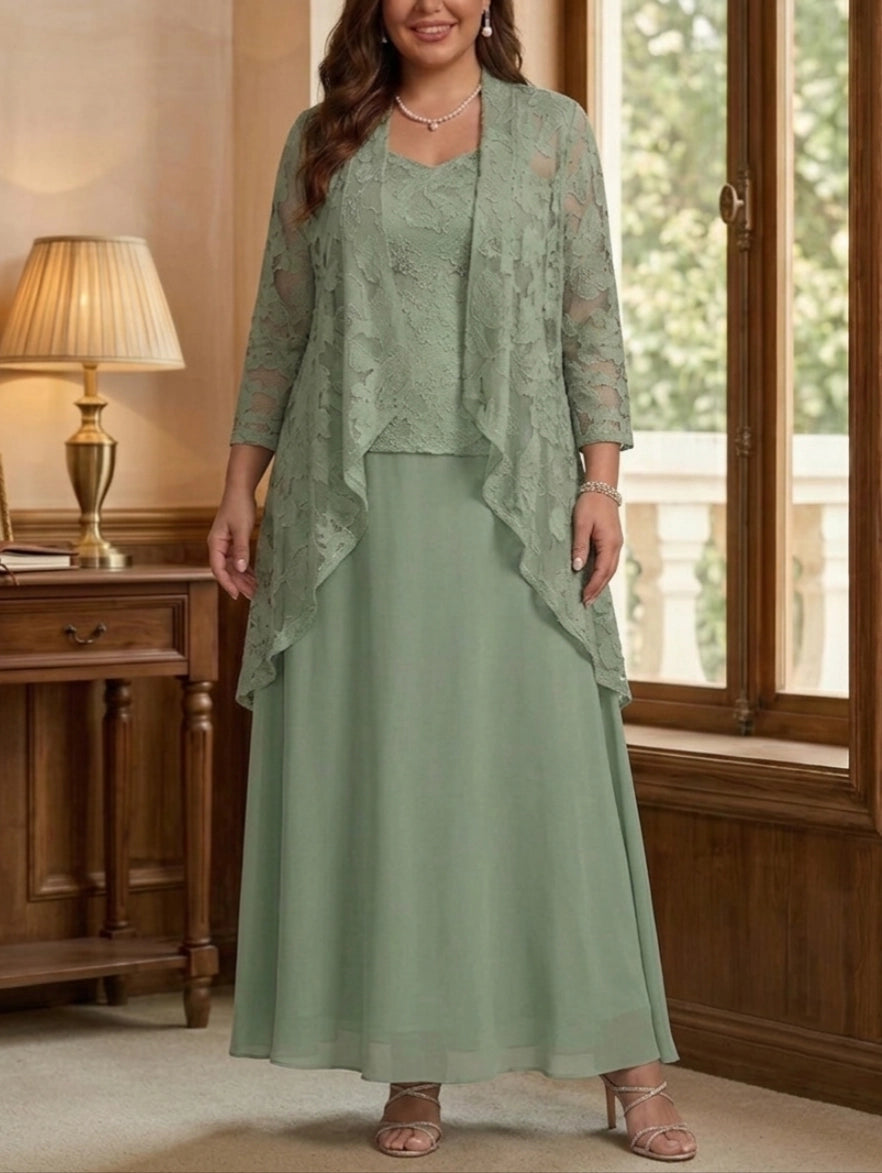 A Line Maxi V Neck 3/4 Sleeve Zipper Back 3 Piece Lace Chiffon Plus Size Mother Of The Bride Dress