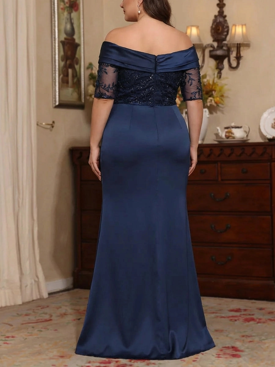 RoselleDress dark navy lace sequin mermaid formal gown zipper back plus size mother gown back shot