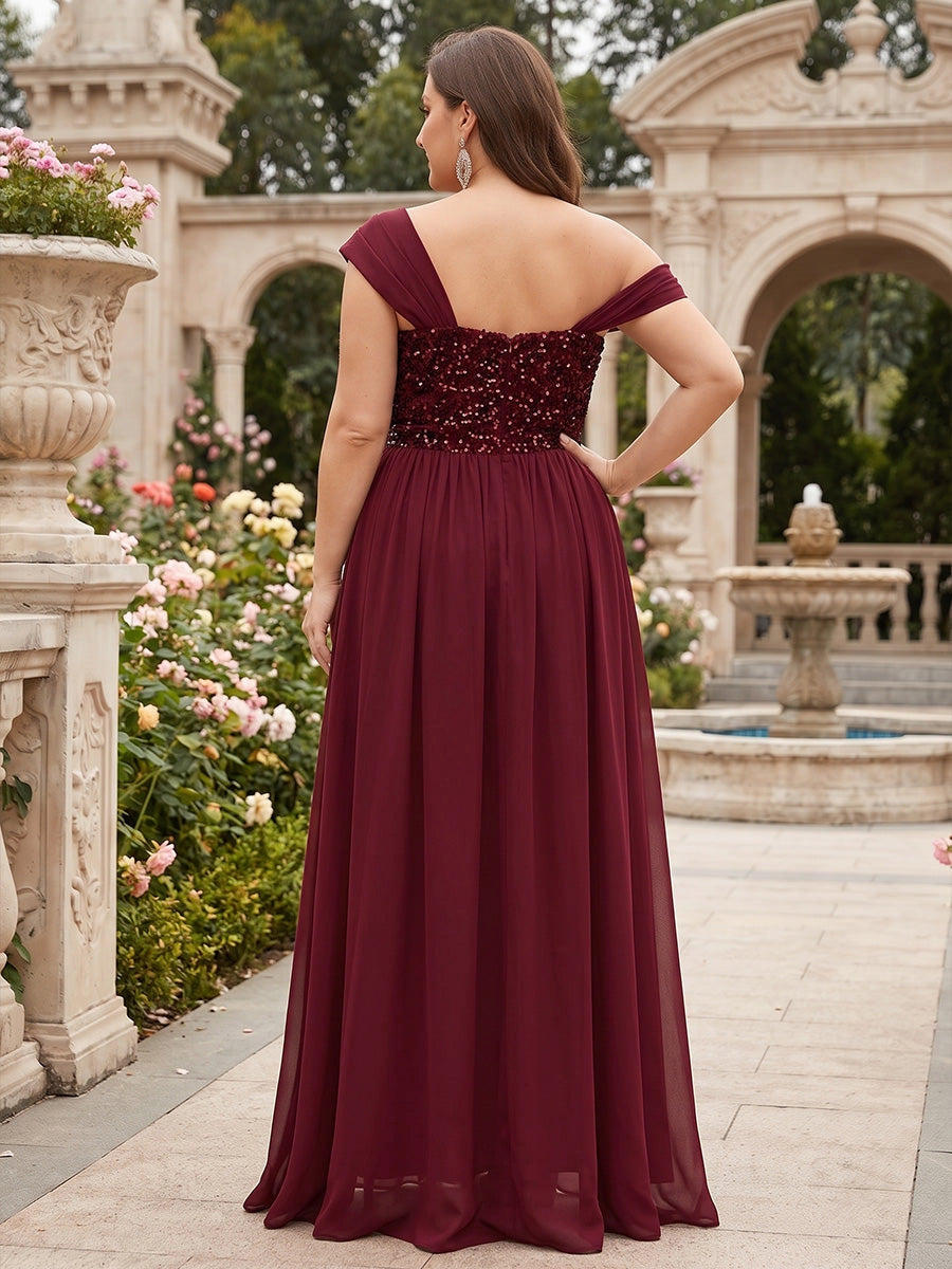 Roselledress plus size chiffon prom dress back view, open back sequin waistband burgundy floor length formal gown