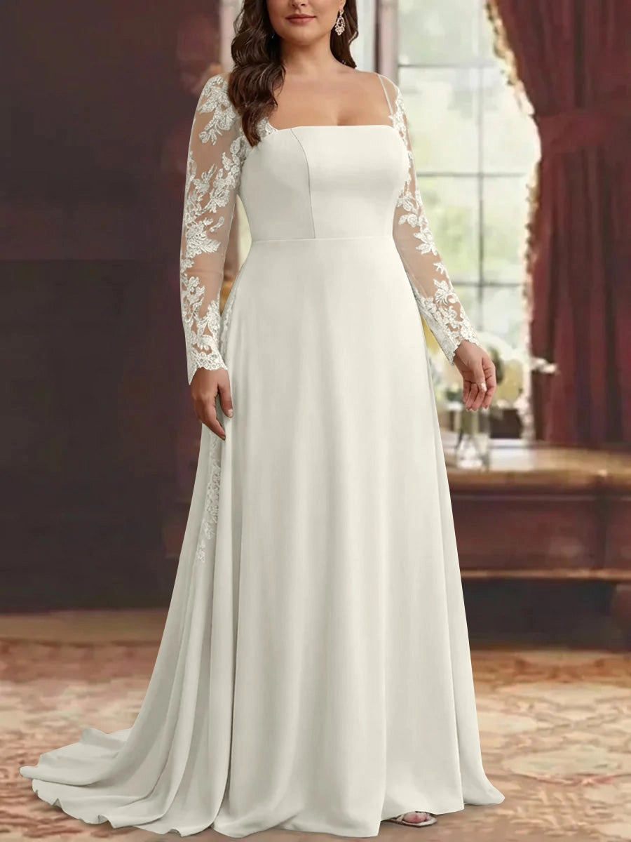 RoselleDress Satin A-Line Straight Neck Lace Long Sleeve Zip Back Train Floor Length Plus Size Mother Of Bride Dress