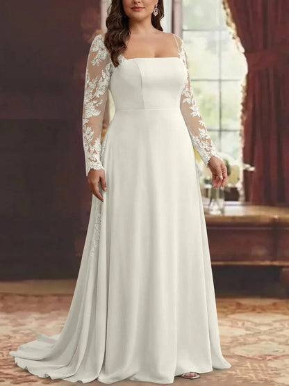 RoselleDress Satin A-Line Straight Neck Lace Long Sleeve Zip Back Train Floor Length Plus Size Mother Of Bride Dress