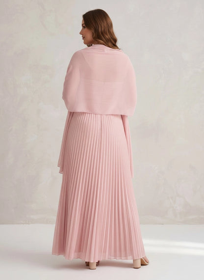 Blush pink plus size formal gown back view, strapless bodice, center back zipper, sheer chiffon shawl and full pleated floor length skirt
