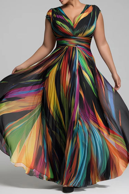 RoselleDress Multicolor Abstract A-Line V Neck Cap Sleeve Zip Back Maxi Chiffon Plus Size Prom Dress