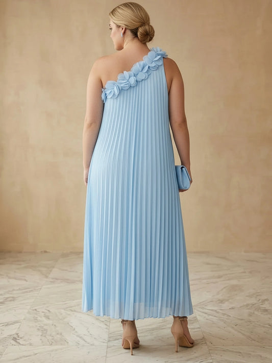 Baby blue plus size midi dress back view, one shoulder strap with fabric flowers, pleated chiffon A-line skirt
