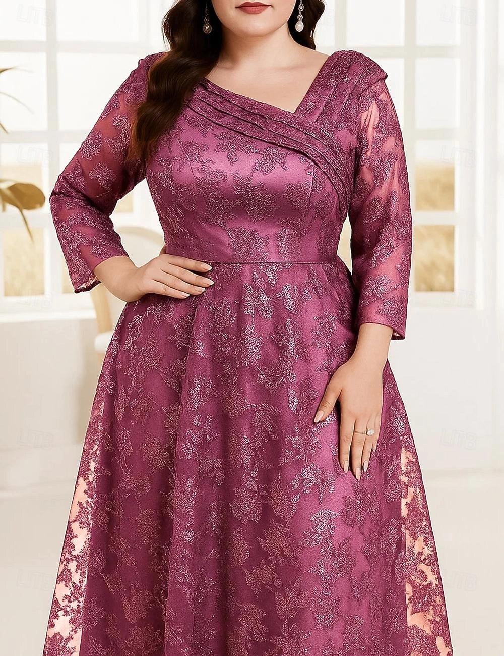 Chic A-Line Asymmetrical Neck 3/4 Sleeve Zipper Back Floor-Length Plus Size Glitter Lace Mother Of The Bride Dress