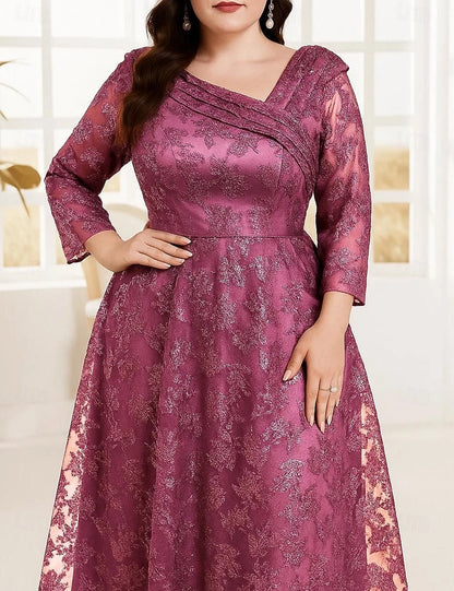 Chic A-Line Asymmetrical Neck 3/4 Sleeve Zipper Back Floor-Length Plus Size Glitter Lace Mother Of The Bride Dress