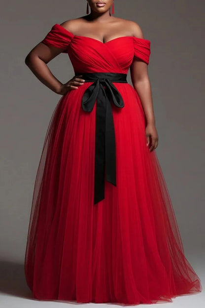 Stunning A‑Line Off‑Shoulder Short‑Sleeve Open‑Back Floor‑Length Plus Size Prom Dress