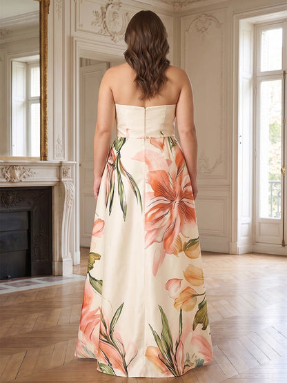 Roselledress satin plus size formal dress back view, solid strapless back center zipper floral print a-line long evening dress